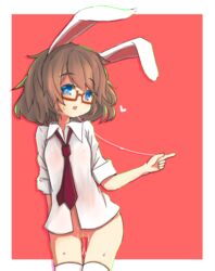 blue_eyes bottomless brown_hair bunny_ears female female heart necktie pussy_juice saliva_trail semi-rimless_glasses solo symbol-shaped_pupils teranekosu white_border