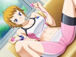 bare_shoulders bike_shorts blue_eyes blush bracelet breasts brown_hair cameltoe censored egg_vibrator female gundam gundam_build_fighters gundam_build_fighters_try holding hoshino_fumina jewelry large_breasts looking_at_viewer midriff mosaic_censoring navel ponytail ryunryun short_hair short_ponytail sitting smile solo sports_bra spread_legs tied_hair vibrator