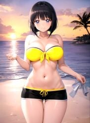 1girl ai-created ai_generated bandeau bangs bare_arms bare_shoulders beach bikini bikini_shorts bikini_top black_hair black_shorts blue_eyes blue_sky blunt_bangs blush bob_cut breasts clavicle cleavage closed_mouth clothing cloud cloudy_sky cowboy_shot day evening eyebrows eyebrows_visible_through_hair female female_only front-tie_bikini_top front-tie_top gradient_sky groin hair_between_eyes halterneck holding horizon island large_breasts legs looking_at_viewer medium_breasts midriff mountainous_horizon navel ocean orange_sky outdoors palm_tree rena_aikawa_(pixiv_user) sand shiny shiny_hair shiny_skin shore short_hair short_shorts shorts sidelocks siesta skindentation sky smile solo solo_female stable_diffusion standing stomach strapless strapless_bikini string_bikini sun sunlight sunset swimsuit thigh_gap thighs tree water waves wet yellow_bikini yellow_swimsuit zero_no_tsukaima