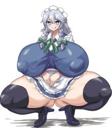 1girls big_breasts blue_eyes braid braided_hair breasts breasts_bigger_than_head clothed clothing female godkami17 hair_ribbon huge_breasts maid maid_headdress nipple_bulge sakuya_izayoi silver_hair solo squatting thick thick_thighs thighhighs thighs touhou white_hair