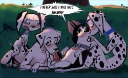 101_dalmatian_street 101_dalmatians absurd_res age_difference animal_genitalia animal_penis balls black_body black_fur blush canid canine canine_genitalia canine_penis canis collar dalmatian delilah_(101_dalmatians) disney dolly_(101_dalmatians) domestic_dog erection fellatio female female_penetrated feral feral_on_feral feral_penetrated feral_penetrating feral_penetrating_feral fur genitals group hansel_(101_dalmatians) hi_res husky kissing knot knotted_penis larger_female male male/female male_penetrating male_penetrating_female mammal nordic_sled_dog older_female older_female_younger_male oral oral_penetration outside_sex penetration penile penile_penetration penis perdita plant sex shrub sin-buttons_(artist) size_difference smaller_male speech_bubble spitz text white_body white_fur younger_male