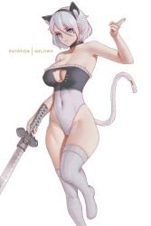 1girls ass big_breasts blue_eyes breasts cat_ears cat_girl cat_tail catgirl choker female hi_res high_quality high_resolution highres huge_ass huge_breasts legwear melowh nier nier:_automata nier_(series) panties partially_clothed patreon_username solo_female sword thick_thighs thighhighs thighs topwear white_background white_hair yorha_2b