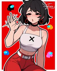 1girls among_us black_eyes black_hair blowjob_gesture blush choker earrings epic_games evie_(fortnite) fellatio_gesture female female_focus female_only fortnite fortnite:_battle_royale iamsyntara medium_breasts simple_background