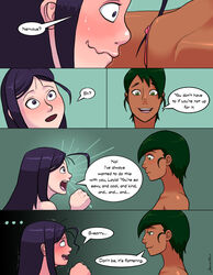 2girls comic dark-skinned_female dark_skin dickgirl ellie_(savalkas) female futa_with_female futanari green_eyes green_hair imminent_cunnilingus imminent_oral interracial intersex layla_(savalkas) licking_pussy nude pale_skin purple_hair pussy savalkas speech_bubble text vagina