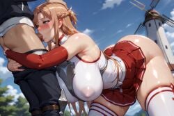 aerial_view ai_generated asuna_(sao) big_ass big_breasts big_butt big_penis blowjob blue_eyes brown_hair fucked_from_behind heart-shaped_pupils hug_and_suck low-angle_view multiple_views shiny_skin skirt sucking sucking_penis sword_art_online thick_ass thick_thighs thighhighs ul7990 yuuki_asuna