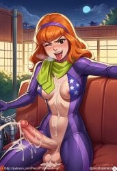 ai_generated big_penis cum daphne_blake futanari medium_breasts orange_hair scooby-doo sitting uncensored