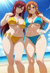 2girls ai_generated beach bikini blue_bikini breast clothing crossover erza_scarlet fairy_tail female female_only hands_on_hips large_breasts looking_at_viewer nami nami_(one_piece) one_piece sand seductive_smile sexy sexy_pose smile standing tattoo yellow_bikini