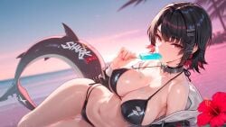 1girls ai_generated bikini breasts curvy ellen_joe large_breasts shark shark_girl shark_tail short_hair solo zenless_zone_zero