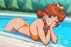 1girls ai_generated bikini bikini_bottom bikini_top bimpi blue_eyes breasts brown_hair clothing crown earrings eyelashes female female_only human human_only light-skinned_female light_skin long_hair looking_at_viewer mario_(series) mature mature_female nintendo orange_bikini orange_bikini_bottom orange_bikini_top outdoors pool princess princess_daisy royalty smile solo solo_female solo_focus trees voluptuous voluptuous_female water