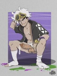 1boy adult adult_male artist_logo artist_request cum cum_drip cum_dripping cum_dripping_from_penis gold_watch guzma_(pokemon) hairy_legs hand_behind_head hole_in_sock jacket_only jacket_open looking_at_viewer male male_only pokemon pokemon_sm pokemon_usm pubic_hair semi-nude semi_nude socks_only solo solo_focus solo_male squatting team_skull two_tone_background