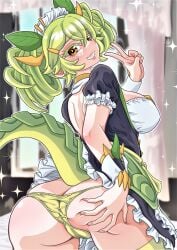 ass bed blush dragon_girl dragon_maid_archetype duel_monster female grabbing_ass green_hair houmuruseijaku looking_at_viewer maid parlor_dragonmaid peace_sign rear_view skirt smile solo tail twintails underwear yellow_eyes yu-gi-oh!