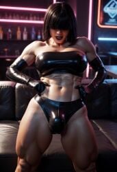 abs ai_generated bar black_hair black_lipstick bulge couch dancing elbow_gloves futanari goth_girl hair_over_eyes latex muscular no_sound smiling tagme tubetop video