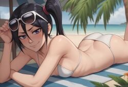 1girls ai_generated ambrose ass beach beach_towel bikini black_hair bleach kuchiki_rukia laying_down laying_on_stomach ocean outdoors petite ponytail purple_eyes self_upload showing_ass side_ponytail skinny small_breasts smile smug_face stable_diffusion sunbathing sunglasses sunglasses_on_head white_bikini