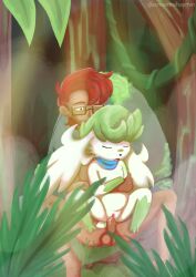 alpha_pokemon blake_rothenberg female forest fur generation_4_pokemon green_hair hair hi_res human jungle legendary_pokemon male male/female mammal nintendo on_lap plant pokemon pokemon_(species) red_hair screamoshaymin shaymin sitting sky_forme_shaymin tree vaginal_penetration white_body white_fur