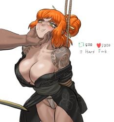 1girls arms_behind_back black_kimono bondage bound_arms breasts cheek_grab cleavage dark_skin fundoshi green_eyes heppari huge_breasts imminent_rape ishmael_(limbus_company) kimono limbus_company meme no_bra off-shoulder_kimono orange_hair project_moon retweet_challenge shoulder_tattoo single_hair_bun solo_focus suspension suspension_bondage sword tattoo twitter_strip_game_(meme)