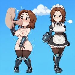 2girls black_eyes blowjob blush boy breasts cloud d3rmal dick fingering fingers girl gun maid_outfit mii mii_gunner mii_gunner_(smash_4) nintendo robotic_hand shaking simple_background sky stockings super_smash_bros. tagme