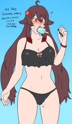 ? bikini black_nails body_modification brown_hair confused food_insertion food_play genshin_impact hu_tao_(genshin_impact) magic mouth_pussy popsicle pussy_mouth red_eyes transformation xxxx52