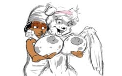 anthro areola big_breasts black_nipples breast_fondling breasts canine canine dal_(joelasko) dalmatian erect_nipples eyewear female floppy_ears fondling fur glasses hair hand_on_breast headband huge_breasts mammal multicolored_fur nipples open_mouth patty_(joelasko) raccoon sketch white_hair