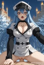 1boy ai_generated akame_ga_kill! artist_name bangs belt blue_eyes blue_hair blush breasts buttons chest_tattoo choker cleavage clothed_sex clothing cowgirl_position cowgirl_position drooling esdeath esdeath_(akame_ga_kill!) female female gloves hair_between_eyes hat headwear jacket jousneystudio large_breasts long_hair long_sleeves looking_at_viewer male military military_hat military_uniform night night_sky nipples nude on_top open_mouth outdoors peaked_cap penis pov saliva sex shiny shiny_skin sky smile solo_focus spread_legs straddling straight sweat tattoo teeth thighs tongue trembling uncensored uniform vagina vaginal_penetration very_long_hair white_headwear