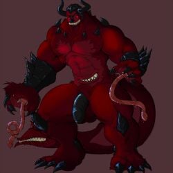 abs anthro balls belly_mouth ben_(pandottermon) big_balls big_penis black_penis class demon fur genitals grin hand_mouth hi_res horn male male_only mammal mustelid otter pandottermon penis red_balls red_body red_eyes red_fur sharp_teeth smile solo tail tail_mouth teeth unusual_anatomy unusual_tail