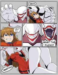 asuka_langley_sohryu blue_eyes bodysuit brown_hair comic female monster monster_on_female neon_genesis_evangelion oral_vore tagme tagme_(artist) vore