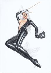 1girls big_breasts black_cat_(marvel) breasts cleavage felicia_hardy female marvel mask sideboob solo spider-man_(series) tim_grayson traditional_media_(artwork) white_hair