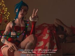 2girls 3d alcaudonart arcane arcane_jinx arcane_vi blue_hair christmas christmas_outfit detached_sleeves english_text fishnet_legwear fishnet_stockings fishnets flat_chest jinx_(league_of_legends) league_of_legends low_twin_braids pink_eyes pink_hair red_shorts red_tubetop single_detached_sleeve sisters subtitled suspender_shorts suspenders tattoo thighhighs tongue tongue_out tubetop twin_braids v_sign vi_(league_of_legends) waking_up