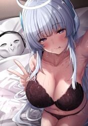 1boy :p armpits bed black_bra black_panties blue_archive blunt_bangs bra breasts cleavage collarbone commentary_request doodle_sensei_(blue_archive) female halo headgear highres large_breasts long_hair looking_at_viewer lying mechanical_halo navel noa_(blue_archive) on_back on_bed panties selfie sensei_(blue_archive) shiki_(catbox230123) sitting sweat tongue tongue_out underwear underwear_only v white_hair white_halo