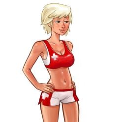 1girls 2d_(artwork) blonde_female blonde_hair breasts cappercan cassie_(summertime_saga) cleavage digital_drawing_(artwork) erect_nipples female female_focus female_only lifeguard light-skinned_female light_skin medium_breasts nipples nipples_visible_through_clothing petite petite_body petite_female short_hair shorts simple_background summertime_saga tan-skinned_female tan_body tan_skin tank_top tanned white_background