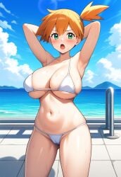 ai_generated belly_button bikini blush cameltoe green_eyes hillnexai kasumi_(pokemon) large_breasts novelai ocean orange_hair pokemon white_bikini