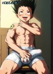 1boy ai_generated anime boxers dick gon_freecss green_hair hentai hunter_x_hunter large_penis male male_only solo venxart yaoi