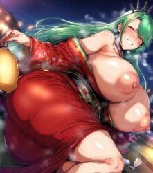 1girls ai_generated areolae azur_lane big_breasts blush breasts female female_focus female_only green_hair huge_breasts kimono large_breasts littorio_(azur_lane) long_hair nipples plump red_eyes thick_thighs thighs venus_body