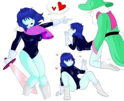 after_sex anthro_on_human blue_hair blue_skin blush bodysuit breasts cum_in_pussy deltarune doggy_style gloves hair_covering_eye kris_(dark_world_form) kris_(deltarune) kris_female_(deltarune) leotard rainy_(artist) ralsei sword thighs white_fur