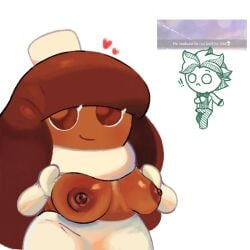 bbw brown_hair chubby chubby_female cocoa_cookie cookie_run cookie_run_kingdom dark_skin flashing flashing_breasts salchipapaasada white_background