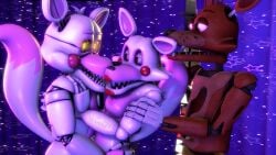 2boys 3d 4k animatronic biting_ear brown_body curtain curtains curtains_open disboi215 fox fox_boy fox_ears fox_girl fox_tail foxy_(fnaf) funtime_foxy_(fnaf) glowing_eyes hand_on_chest highres lipstick mangle_(fnaf) nibbling_ear pink_body pink_cheeks pink_nipples purple_curtains red_body red_cheeks red_lipstick robot rosy_cheeks sfm sharp_teeth source_filmmaker threesome white_body yellow_eyes