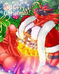 1boy abs anthro bara bell big_penis black_fur blue_eyes bottomless christmas christmas_tree clothed clothing detailed_background feline fire fur furry hat hi_res holding_penis holidays humanoid_penis hyper_penis incineroar looking_at_viewer male male_only mammal muscular muscular_male nintendo nipples ornament ornaments penis pokemon pokemon_sm presenting presenting_penis red_fur red_penis santa_hat sitting smile solo spread_legs spreading teeth testicles tree veins veiny_penis video_games white-snow-wolf yellow_sclera