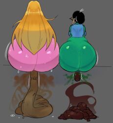 2d 2d_(artwork) 2girls ass ass_bigger_than_head ass_bigger_than_torso ass_focus big_ass big_butt blonde_hair blue_clothing bubble_ass bubble_butt defecating defecation duo duo_female duo_focus fat_ass fat_butt feces feces_on_ground feces_pile female female_focus female_only freckles freckles_on_ass giant_female green_body green_skin half-dressed half_naked huge_ass huge_butt kona_(meltstoplock) long_ears long_hair massive_ass massive_butt meltstoplock no_text pink_body pink_skin pointy_ears pyane_(meltstoplock) scat scat shit shit shitting shitting_on_floor simple_background sitting stink_lines stinky sweat sweatdrop sweating sweaty sweaty_body