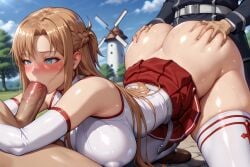 aerial_view ai_generated asuna_(sao) big_ass big_breasts big_butt big_penis blowjob blue_eyes brown_hair fucked_from_behind heart-shaped_pupils hug_and_suck low-angle_view multiple_views shiny_skin skirt sucking sucking_penis sword_art_online thick_ass thick_thighs thighhighs ul7990 yuuki_asuna