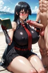 1boy 1boy1girl 1girls abs ai_generated akame_(akame_ga_kill!) akame_ga_kill! balls beach big_breasts big_butt big_penis black_dress black_hair black_skirt book breasts cfnm clouds day daytime doggy_style erect_penis erection female foreskin long_hair male male/female muscular muscular_male naked naked_male nude_female open_book penis red_eyes red_iris red_tie sand shiny_skin skirt sky sucking thick_thighs tie ul7990 vaginal_penetration