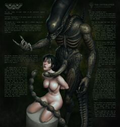 1boy 1girls 2d 2d_(artwork) absurdly_large_cock after_fellatio after_oral after_rape after_sex alien alien_(franchise) alien_boy alien_genitalia areolae big_ass big_breasts big_penis black_hair blowjob crying curvy deepthroat digital_media_(artwork) fellatio huge_breasts huge_cock kneeling messy_hair messy_makeup monster monster_cock monster_rape oral original_character pussy size_difference tears teratophilia text the_interloper throat_fuck xenomorph