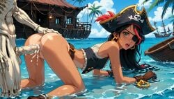 1girls ai_generated beach bent_over black_hair breasts cum cum_in_pussy cum_inside doggy_style ejaculation exposed_breasts eyepatch jewelry looking_back ocean original_character pirate pirate_captain_vanessa_red pirate_hat pirate_ship pussy red_highlights sex skeleton small_breasts suprised suprised_look tan_body tan_skin tanline terror139 uncensored undead vaginal_penetration vaginal_sex water