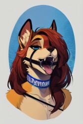 ai_generated anthro blue_eyes canine fangs female gag gag_ring looking_at_viewer maw open_maw open_mouth teeth