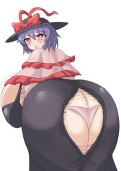 1girls 2024 ass ass_focus big_ass big_breasts black_bra bra breasts breasts_bigger_than_head female godkami17 hat huge_ass huge_breasts iku_nagae looking_back nagae_iku panties purple_hair red_eyes ripped_clothing solo touhou