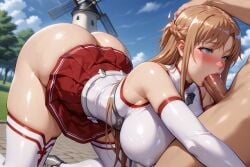 aerial_view ai_generated asuna_(sao) big_ass big_breasts big_butt big_penis blowjob blue_eyes brown_hair fucked_from_behind heart-shaped_pupils hug_and_suck low-angle_view multiple_views shiny_skin skirt sucking sucking_penis sword_art_online thick_ass thick_thighs thighhighs ul7990 yuuki_asuna