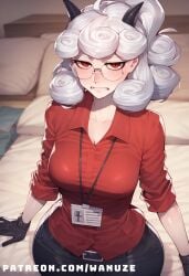 ai_generated big_ass big_breasts big_butt big_thighs black_pants blush demon_girl demon_horns demon_tail glasses helltaker horn huge_ass huge_breasts huge_butt huge_thighs pandemonica_(helltaker) red_eyes red_shirt sad wanuze white_hair wide_hips