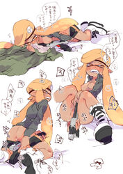 anthro beret blush boots breasts breasts_out cephalopod cephalopod_humanoid dark_skin domino_mask female forge_(splatoon) hat humanoid inkling inkling_girl jacket mask mask_(marking) masturbation n-zap_(splatoon) nintendo orange_hair pointy_ears serizawa_nae shorts shorts_pull simple_background smelling splatoon splatoon_(manga) squid tentacle tentacle_hair translation_request white_background