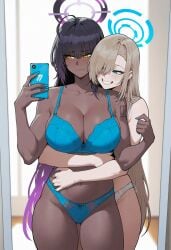 2girls ai_generated arm_tattoo asuna_(blue_archive) big_breasts blonde_hair blue_archive blue_bra blue_eyes blue_panties blunt_bangs bra busty chocolate_and_vanilla cleavage curvaceous curvy curvy_female curvy_figure dark-skinned_female dark_skin embarrassed female female_only grin hair_over_one_eye halo hug huge_breasts hugging hugging_from_behind interracial interracial_yuri karin_(blue_archive) light-skinned_female light_skin lingerie lingerie_bra lingerie_panties mirror mirror_reflection mirror_selfie multiple_girls nail_polish naughty naughty_face naughty_smile ozyvan panties purple_hair selfie shy smile taking_selfie tattoo thighs torso_grab uncensored underwear underwear_only very_long_hair wide_hips yellow_eyes yuri