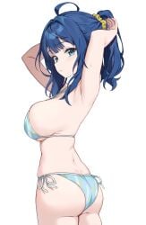 1girls alternate_hairstyle armpits arms_behind_head ass big_ass big_breasts bikini blue_bikini blue_eyes blue_hair breasts busty highres large_breasts legs looking_at_viewer looking_back make_heroine_ga_oo_sugiru! medium_hair parted_lips ponytail pose posing seductive seductive_look sensual sexy_armpits side-tie_bikini_bottom sideboob solo swimsuit thick_thighs thighs voluptuous yanami_anna yuxian_youka