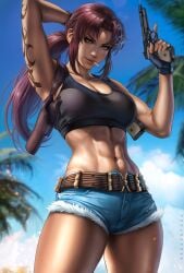 1girls 2025 abs amber_eyes black_lagoon breasts burgundy_hair clothed clothed_female clothing dandon_fuga denim_shorts female female_only gun gun_holster holding_gun holding_object revy short_shorts smoking solo solo_female solo_focus tank_top tattoo tropical weapon