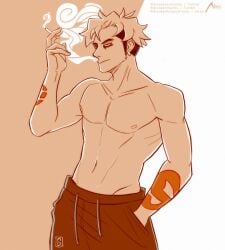 1boy adult adult_male artist_request artist_signature belly_button guzma_(pokemon) hand_in_pocket holding_cigarette holding_object male male_only navel no_sex no_shirt pecs pectorals pokemon pokemon_sm pokemon_usm sfw shirtless shirtless_male smoke smoking smoking_cigarette solo solo_focus solo_male standing sweatpants tattoo tattoo_on_arm tattoos team_skull two_tone_background two_tone_hair